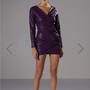 AMETHYST RUCHED FAUX LEATHER LONG SLEEVE MINI DRESS IN PURPLE